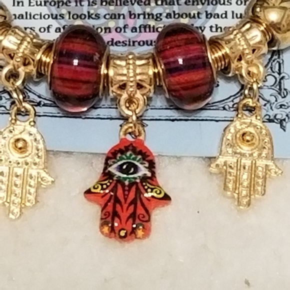 Hamsa Evil Eye Charm Red Gold  Bracelet - Picture 2 of 3